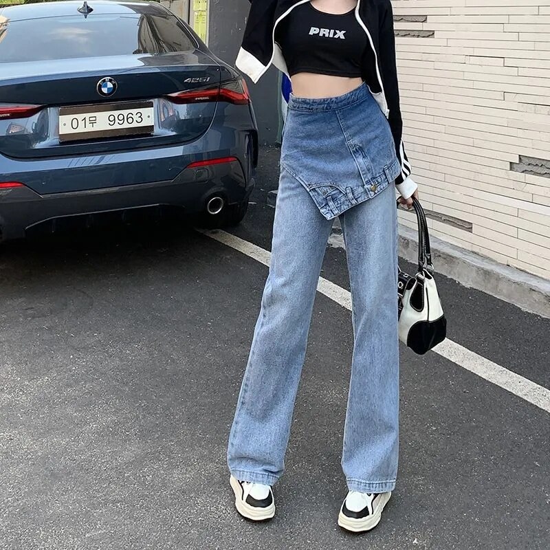 Faux Two Piece Flared Jeans Women's Y2k Winter 2023 Design Niche High Waist Slim Wide Leg Pants Trendydickies Pants청바지джинсы