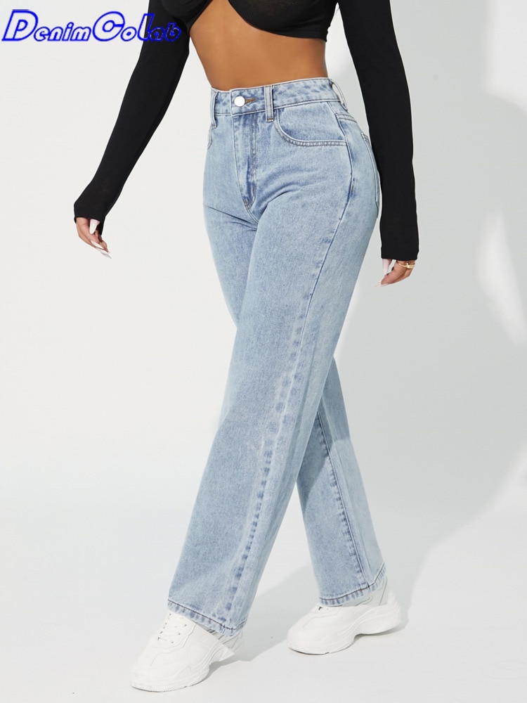Denimcolab 2023 New High Waist Straight Leg Jeans Woman Simple Style Casual Cotton Denim Pants Ladies Loose Streetwear Jeans